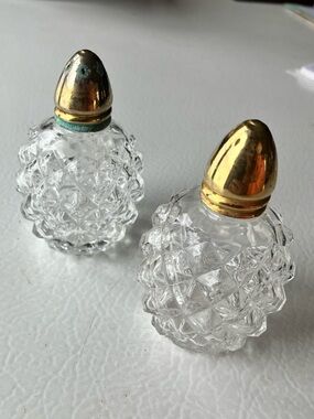 Vintage Cut Glass Salt and Pepper Shakers with Gold Tops
